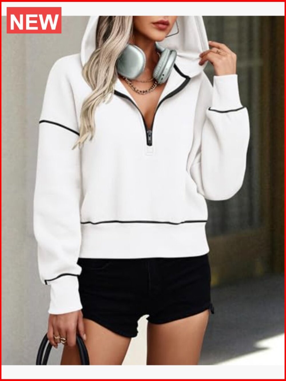 Half Zip Cropped Hoodie Pullover with Fleece Lining - Picture 5 of 7
